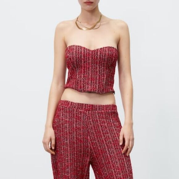 NWT Zara Textured Tweed Corset Strapless Top Size small tweed dark red burgundy - Picture 6 of 10